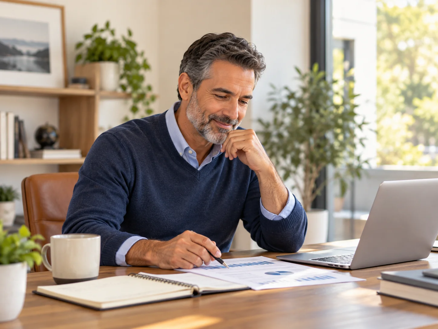 Mid-career professional reviewing financial information at a desk with a laptop.