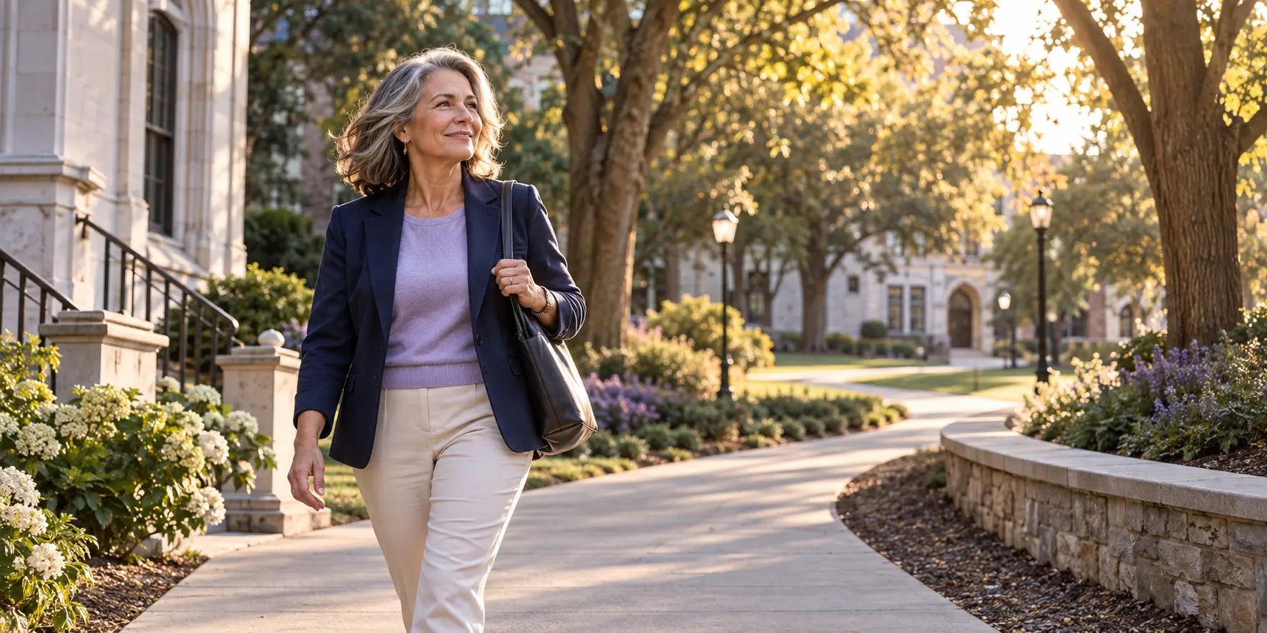 Education professional walking along a curving campus path.